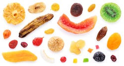 Dried fruits and berries isolated on white background. Lemon, orange, banana, raisin, cranberry, kiwi, cherry, ginger, plum, coconut chips, strawberry, banana, candied fruits, dried apricot, tangerine