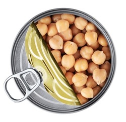 Open tin can with canned chickpeas isolated on white background. With clipping path.