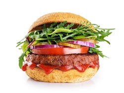Burger with vegan meat patty isolated on white background. 