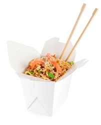 Chinese food. Noodles with shrimp isolated on white background. Opened take out box.