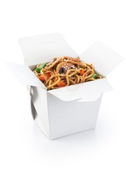 Chinese food. Noodles with vegetables and mushrooms isolated on white background. Opened take out box.
