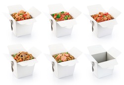 Chinese food collection isolated on white background. Opened take out box.