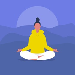 Meditation. Outdoor yoga. Harmony and relaxation. Calm female character sitting in a lotus pose. Flat editable vector illustration, clip art. Modern healthy lifestyle
