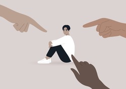 Victim blaming, cyberbullying, and other forms of public judgement, a young male Asian character surrounded by pointing fingers