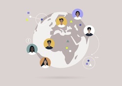 Global communications concept, a Globe with colorful user avatars on it, Globalisation 