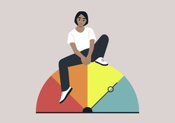 A young character siting on top of a credit score infographics, a semi-circle dashboard with four colorful sectors and an arrow