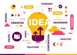 Vector creative color illustration of creative idea with light bulb and tag cloud on white background. Idea technology concept. Flat style design with light bulb for create idea and brainstorm theme