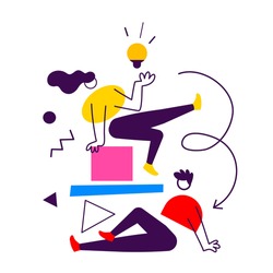Vector startup idea business illustration of communication people and abstract shapes, flat line art style of team work