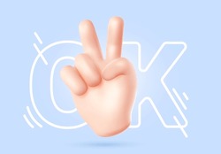 Vector illustration of hand gesture sign v with letter ok on blue color background. 3d style emoji design of man white skin hand for web, banner, poster, print