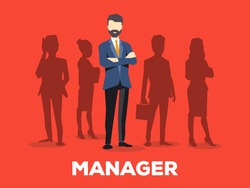 Vector creative illustration of business man with silhouettes of people on red background. The manager is in a suit with a beard. Search for a new manager in business team. Design for business vacancy