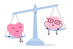 Vector illustration of pink color heart and human brain with glasses sit on the scales on white background. The heart outweighs the brain concept. Doodle style. Flat style design of heart and brain