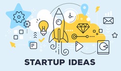 Vector illustration of rocket, light bulb, cloud and icons. Startup ideas concept on blue background with title. Thin line art flat style design for web, site, startup banner, business presentation