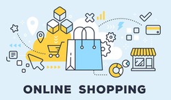 Vector illustration of shopping hand bag, store and icons. Online shopping concept on blue background with title. Thin line art flat style design for web, site, banner, business presentation