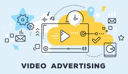 Vector illustration of video player and icons. Video advertising concept on blue background with title. Thin line art flat style design for web, site, banner, business presentation