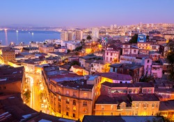 the historic quarter of Valparaiso, declared a UNESCO World Heritage Site in 2003, by night.