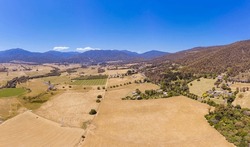 Views over Kiewa Valley towards Mt Bogong and the town of Mt Beauty in Victoria, Australia.