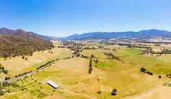 Views over Kiewa Valley towards Mt Bogong and the town of Mt Beauty in Victoria, Australia.