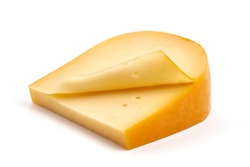 Hard Dutch gouda cheese, isolated on white background.