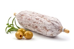 Traditional Italian thin dried sausage, isolated on white background.