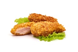 Fried Chicken strips in breadcrumbs, isolated on white background.
