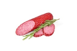 Dry sausage or salami with basil and spices, close-up, isolated on white background