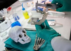 Forensic police measure the lower jaw of a cadaver during a murder investigation in a forensic laboratory, conceptual image.