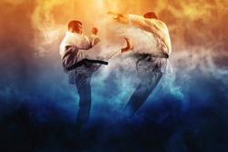 Martial arts masters, karate practice. Two male karate fighting 