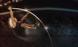 Professional pole vaulter training at the stadium in the evening. Sports banner. Horizontal copy space background