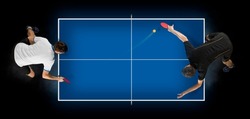 Two men playing ping pong. Top view. Copy space background. Two image of the same model