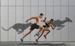 Strong athletic man and woman running on wall background wearing in sportswear. Sport and fitness motivation