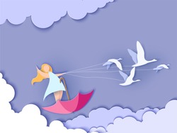 Valentines day card. Abstract background with happy girl flying on umbrella with swans and blue sky. Vector illustration. Paper cut and craft style.