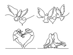 Set continuous one line drawing. Flying two pigeons with heart Valentine Day logo. Black and white vector illustration. Concept for logo, card, banner, poster, flyer