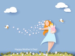 Beautiful women with her baby. Happy mothers day card. Paper cut style. Vector illustration