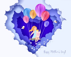 Beautiful woman with her baby. Happy mothers day card. Paper cut style. Vector illustration