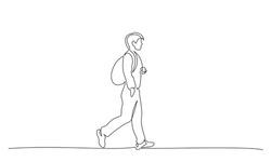 Continuous one line drawing. Young man walking on street with backpack. Student college with bag. Vector illustration