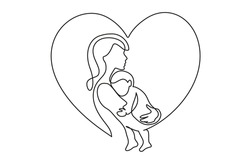 Happy Mother day card. Continuous one line drawing. Woman hold her baby inside heart. Vector illustration