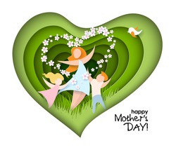 Happy Mothers Day card. Creative paper cut background with mom silhouette and her child with flowers. Vector illustration with beautiful woman and baby with paper frame heart shaped.