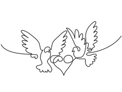 Continuous one line drawing. Flying two pigeons with heart Valentine Day logo. Black and white vector illustration. Concept for logo, card, banner, poster, flyer