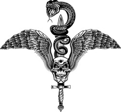 Winged Skull with Sword and Snake Tattoo Cobra
