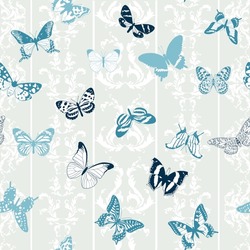 vector seamless pattern with butterflies and vintage flourish swirls, hand drawn background