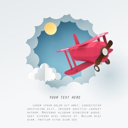 Paper art of red airplane fly through a white cloud with copy space for text, vector art and illustration.