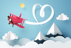 Paper art of ribbon hang with a pink plane flying in the sky, origami and valentines day concept, vector art and illustration.