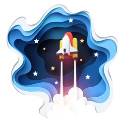 Abstract of spaceship launch to space, paper art concept and exploration idea, vector art and illustration.