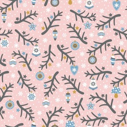 Christmas theme pattern with vintage toys and christmas tree branches. Vector illustrartion.