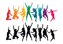 Colorful happy group people jump vector illustration silhouette. Cheerful man and woman isolated. Jumping fun friends background. Expressive dance dancing, jazz, funk, hip-hop hands up