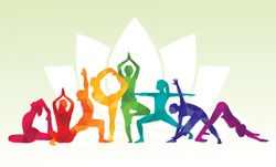 Detailed colorful vector silhouette yoga people illustration background. Fitness Concept. Gymnastics. Aerobics. Asanas, meditation, lotus position.