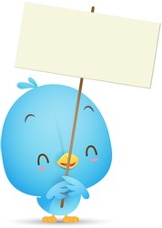 Illustration of Kawaii Blue Bird holding blank sign