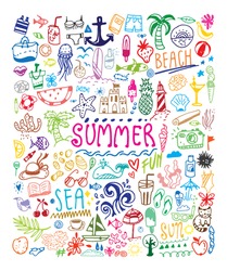 Big summer doodle set. Card, invitation, banner design. Isolated on white background. Colorful design.