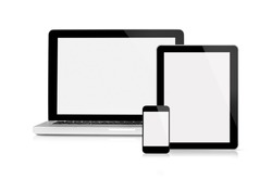 Laptop, tablet and mobile phone - This is a front view of Macbook Pro, iPhone and iPad Apple Inc with blank screen, isolated on white.