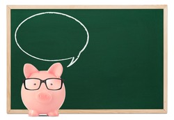 Piggy bank with speech bubble and blackboard